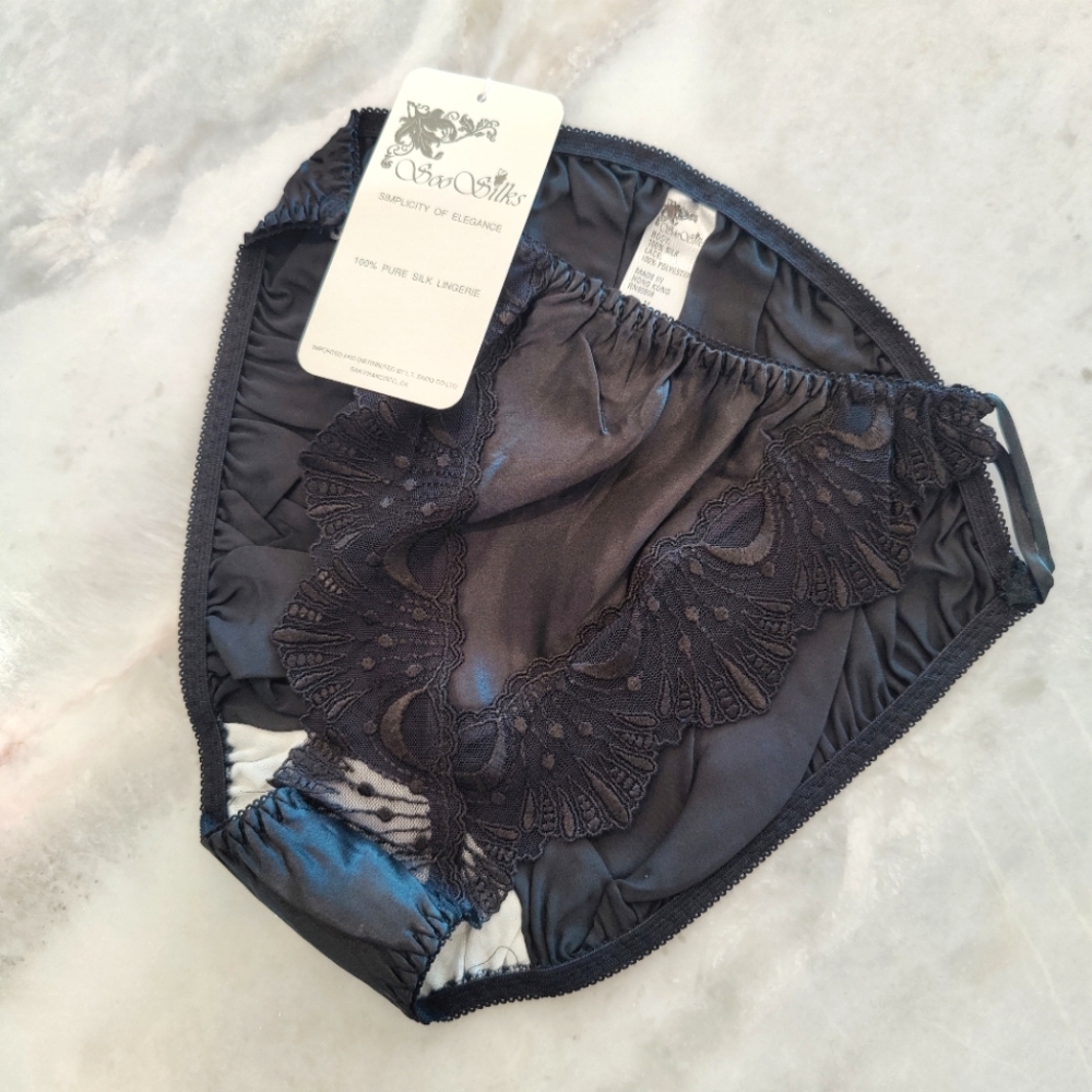 NWT Silk Panties with Lace Trim (Shell Pattern) | Vintage Satin Briefs- Black